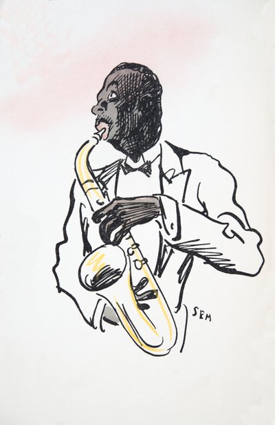 Saxophonspieler, aus White Bottoms, veröffentlicht 1927 (Farbholzschnitt) von Sem